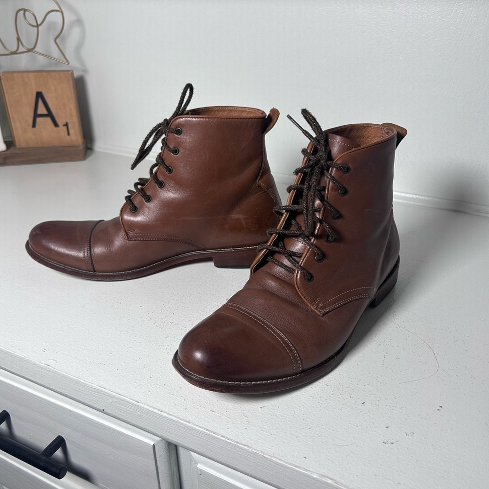 Penny Luck Mens 9 Brown Leather Cap Toe Boots Lace Up Ankle Dress Casual Classic